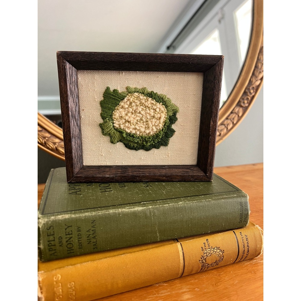 Handmade Crewel Embroidery Cauliflower Folk Art Linen Primitive Framed 5x6